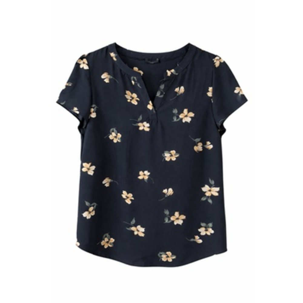 Hilary Radley Black Floral Split Neck Short Sleeve Blouse NWT XL